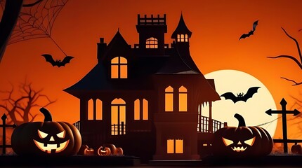 Wall Mural - halloween illustration spooky house pumpkins spider web orange sky