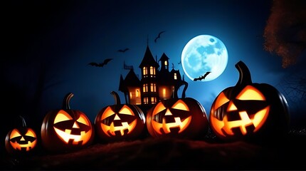 halloween scene horror background creepy pumpkins spooky halloween haunted mansion evil house night full moon