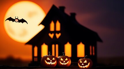 Wall Mural - haunted house halloween night pumpkins spider web orange sky sun