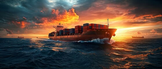 Wall Mural - Aerial View of Massive Cargo Container Ship Sailing in Open Sea During Dramatic Sunrise Sunset Showcasing Maritime Logistics and Global Supply Chain Management in International Business Trade