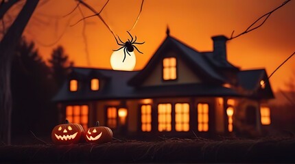 Wall Mural - spooky house pumpkins halloween night scene spider web orange sky