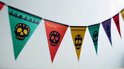 string handmade cut paper flags white background mexican party decoration dia de los muertos halloween cinco de mayo