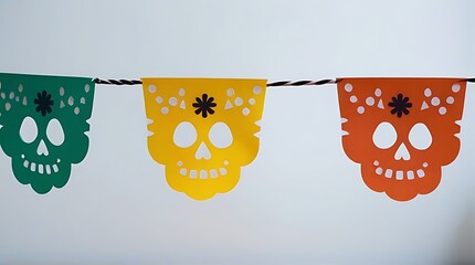 Wall Mural - string handmade cut paper flags white background mexican party decoration dia de los muertos halloween cinco de mayo