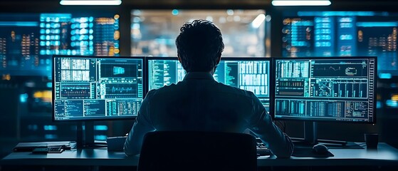 Aufkleber - professional working in a high tech control room surrounded by monitors displaying data modern and f