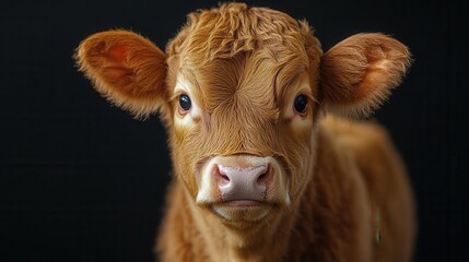 endearing closeup of smiling brown cow against black background studio lighting accentuating soft fur texture and soulful eyes capturing animals gentle personality