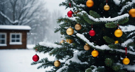 Poster - Decorated Christmas tree in snowy yard background