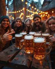 Happy group of friends drinking beer during Octoberfest in Munich.