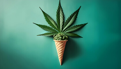 ice cream cone adorned with marijuana leaves, portraying a creative and unconventional conc_1(604)