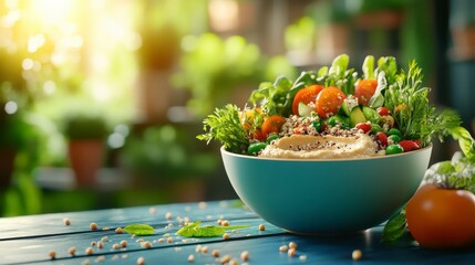 Vibrant salad bowl filled with fresh greens, fruits, and seeds on a rustic wooden table, illuminated by warm sunlight.