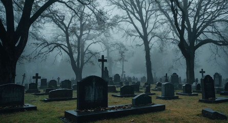 Canvas Print - eerie fog covered tombstone on cemetery background