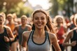 © LimeSky - Various people running marathon in city active female racer smiling with support