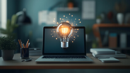 Floating light bulb on laptop showing technology innovation and startup concept. Business idea and innovation concept