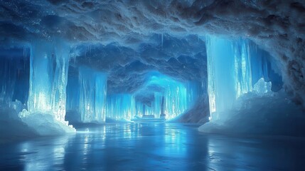 ethereal ice cave with towering crystal formations bathed in an otherworldly blue glow reflecting off translucent icy surfaces