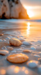 beach rocks deep sunset transparent caustics body buried sand spring early morning orange white raking sunlight shell