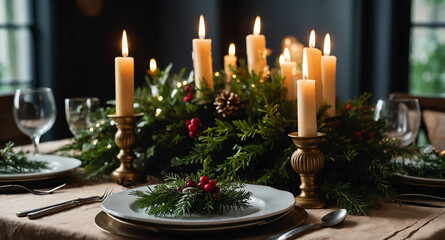 Wall Mural - Festive table setting with candles and greenery background