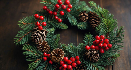 Poster - Festive wreath with red berries and pinecones background