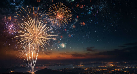 Fireworks and stars glowing sky abstract background