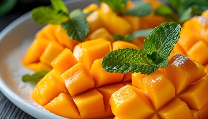 Vibrant mango cubes garnished with fresh mint leaves creating a refreshing tropical fruit dessert