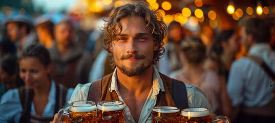 Handsome man holding tray with beer cups during Octoberfest in Germany, Munich.