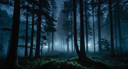 Wall Mural - Fog rolling over moonlit forest background