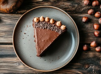 Sticker - View of chocolate cake with hazelnut and chestnut cream on wooden table