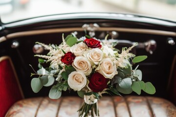 Vintage wedding car decorated with wedding bouquet