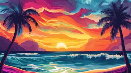 Tropical sunset with vibrant colors, palm trees, and gentle waves under a dynamic sky, perfect for vacation and travel themes