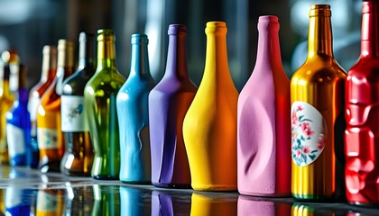 Vibrant assortment of uniquely shaped bottles reflecting a spectrum of colors on a glossy surface