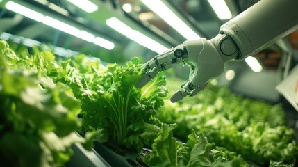 Poster - Robotic arm picking lettuce in a high-tech indoor hydroponic plant system, surrounded by vibrant green plants under LED lighting