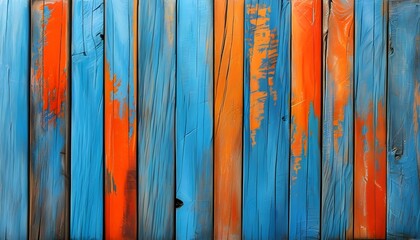 Wall Mural - Vibrant abstract wooden planks in blue and orange hues creating a rustic artistic backdrop