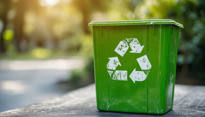 Bright green recycling bin with a symbolic logo in a sunny outdoor park setting during the afternoon