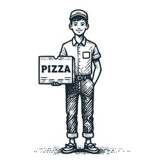 Sticker - The pizza boy delivery service. Black white vector illustration logo.
