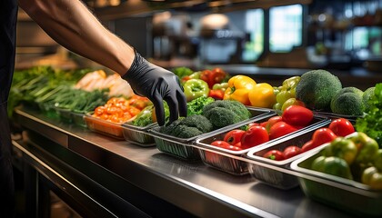 A hand in a black glove reaches for fresh produce in a commercial kitchen. The photo depicts a focus on food safety and preparation.