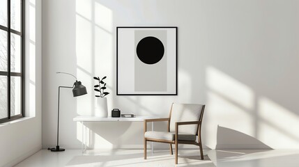 Poster - A minimalist living room with a white chair and a plant next to a black framed art piece with a black circle.