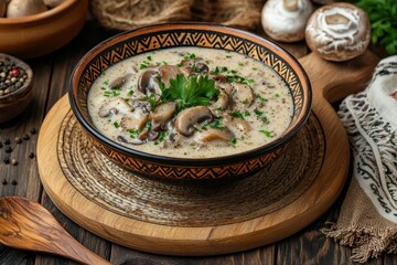 Poster - Wooden board with creamy mushroom soup and utensils