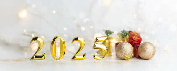 Happy New Year 2025 golden numbers on celebration background Complete with luxurious lighting Happy new year concept, Christmas, celebration season. Festive celebration banner