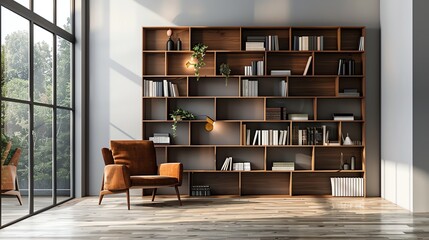 Poster - A living room with a large bookshelf, a leather chair, and a large window.