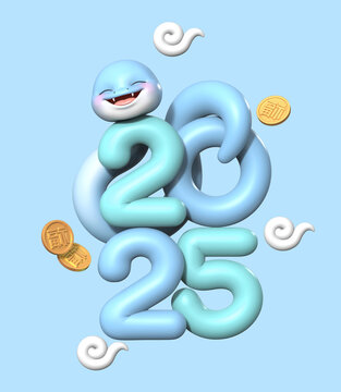 3D 렌더링 된 2025년의 타이포를 을사년 푸름뱀 캐릭터의 몸으로 숫자의 실루엣을 만들어 2025 을사년의 새해 이미지입니다.