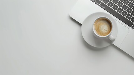 Wall Mural - A white cup of coffee sits on a saucer next to a laptop on a white desk.