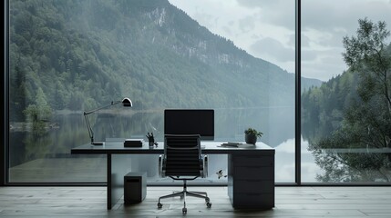 Sticker - A desk with a computer, a chair and a lamp sits in a room with a large window overlooking a lake and mountains.