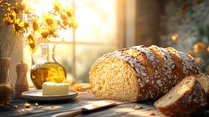 A rustic loaf of freshly baked bread is placed on a wooden table next to a jar of olive oil, a butter dish, a knife, and a bouquet of bright yellow flowers, evoking a cozy, countryside ambiance