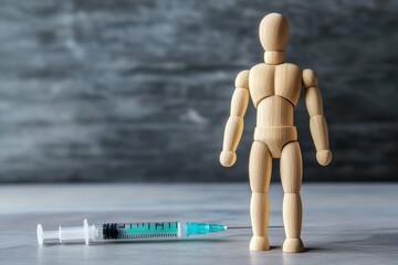 Wooden mannequin with syringe and vaccine for healthcare