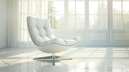 A white chair in a white room with white curtains and a window.