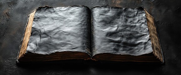 Wall Mural - An open, ancient-looking book with a textured black cover.