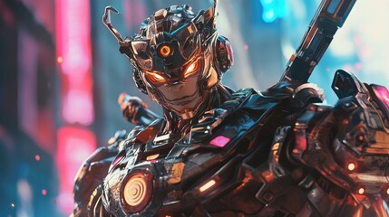 Poster - Wukong as a cutting-edge robot, his mechanical form ready for battle, set against a futuristic world of advanced technology