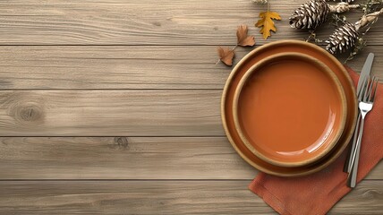  Fall-themed table setting, rustic decor, 3D illustration, copy space for text,