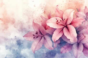 Colorful Lilies Flower Watercolor Background. Wallpaper. Valentine's Day Banner. Abstract. Winter. Christmas. Close Up