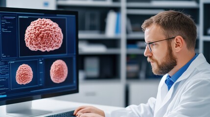 Scientist Examining 3D Model of a Virus on a Computer Screen.