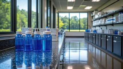 Laboratory with Bottles on Countertop