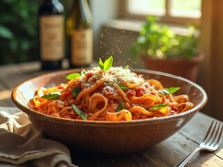 a food photography of delicious italian pasta, photo in a cosy home kitchen